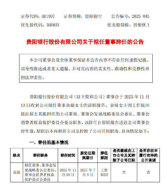 贵阳银行：余瑞因工作原因辞任董事