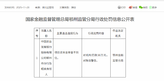 中国农业发展银行鄂州市分行被罚30万元：项目资本金审查不到位