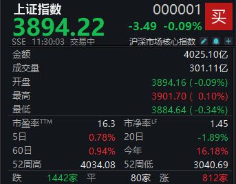 A股维持震荡，沪指半日微跌0.09%